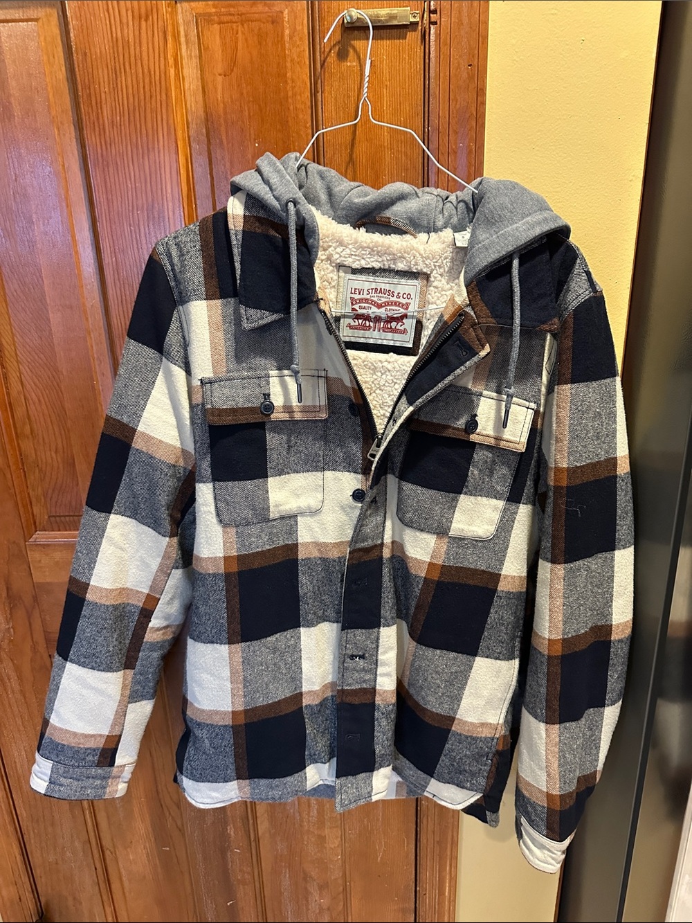 Levi's Plaid Sherpa-Lined Hooded Jacket - Gray/Brown